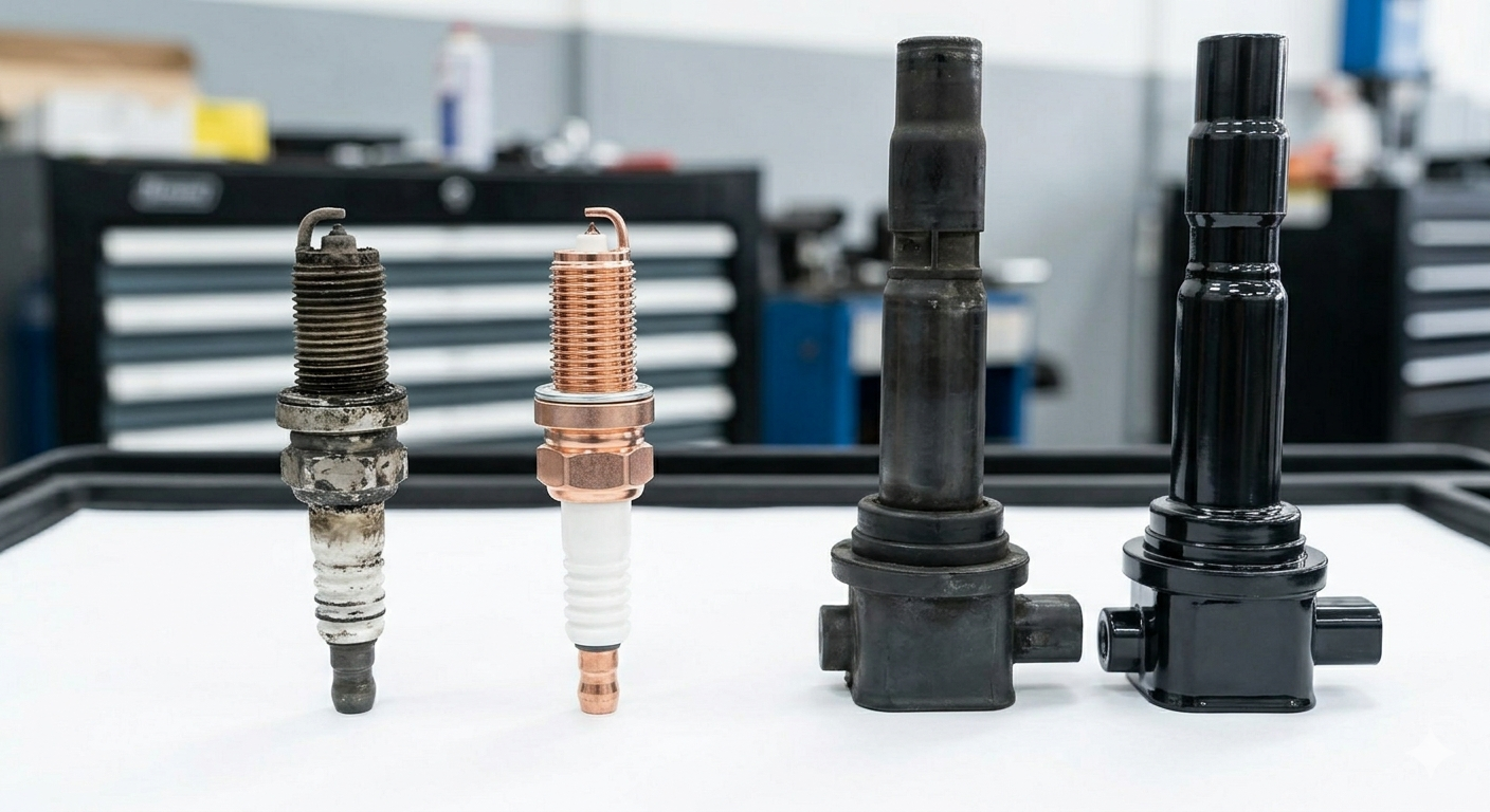 set of new vs worn spark plugs and ignition coils