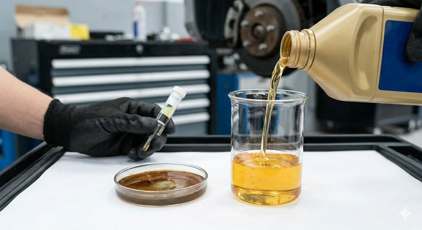 mechanic pouring fresh amber brake fluid into reservoir